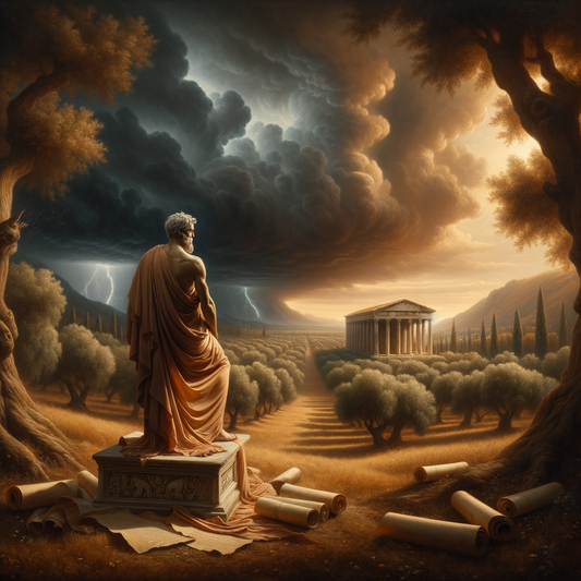 A Roman philosopher in a toga stands calmly on a marble platform, surrounded by scenic Roman nature amidst dark storm clouds, symbolizing stoic calm in adversity, inspired by 1960s historical film style.