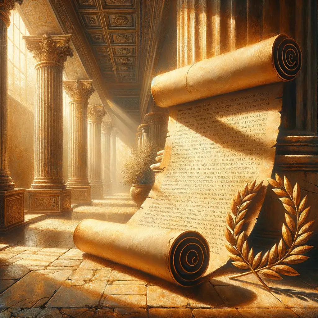 An ancient Roman parchment with quotations and a laurel wreath, symbolizing leadership and wisdom, painted in the grand cinematic style of 1960s historical films.