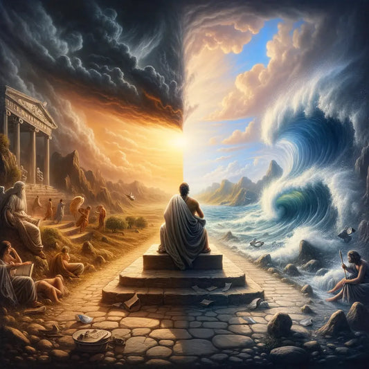Roman philosopher contemplating life's dualities beneath split skies of storm and clarity, in a 1960s historical epic style painting.