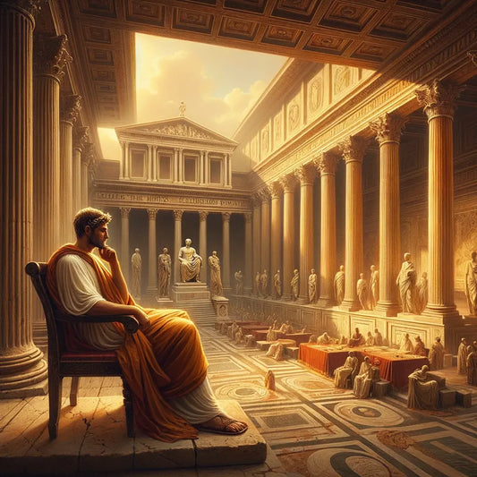 Marcus Aurelius in a contemplative pose with Roman architecture in the background, illustrating stoic philosophy in the style of 1960s historical films.