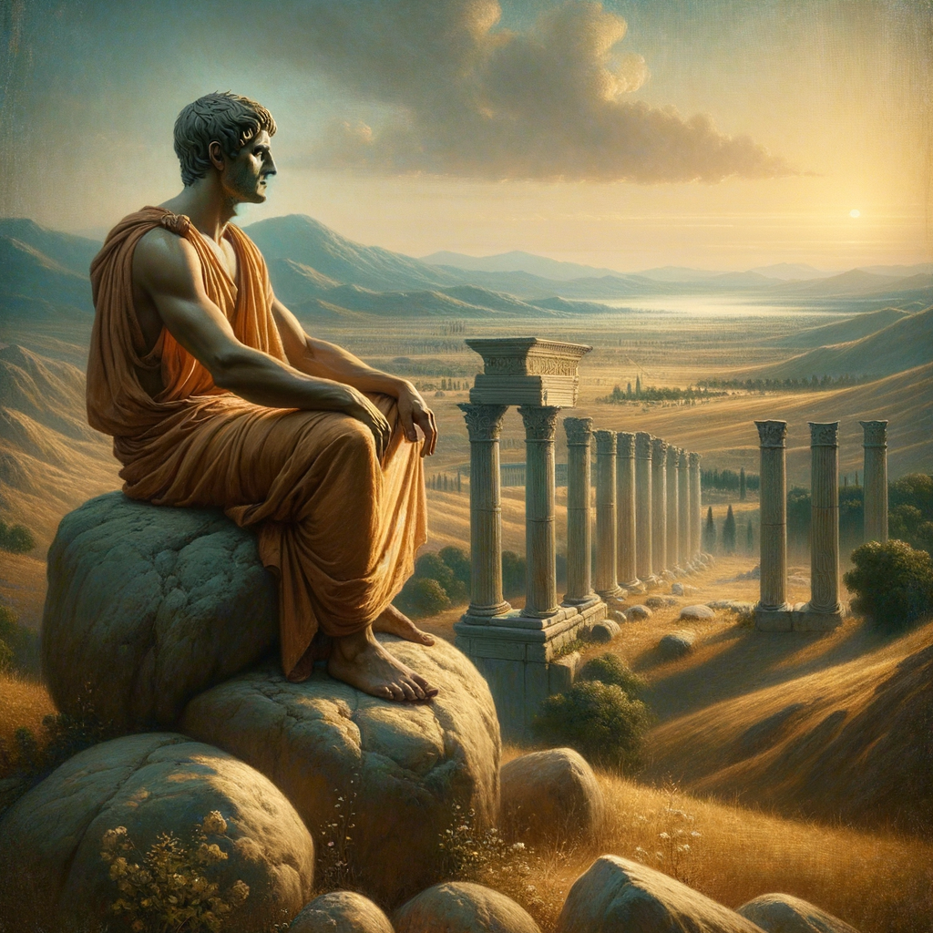 A Roman philosopher in a toga gazes over a tranquil, ancient landscape, embodying Stoic wisdom, styled like 1960s historical films.