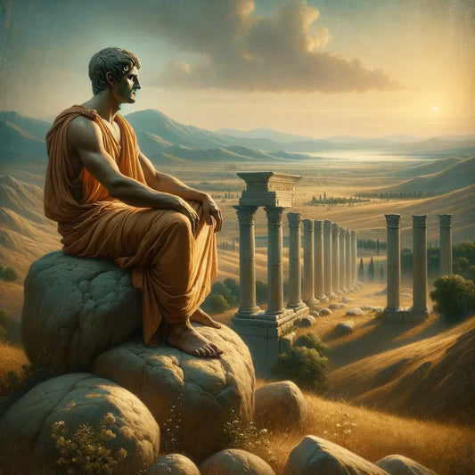 A Roman philosopher in a toga gazes over a tranquil, ancient landscape, embodying Stoic wisdom, styled like 1960s historical films.