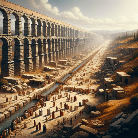 Roman road stretching across a vast landscape with aqueduct arches in the background, capturing the essence of ancient engineering brilliance in the style of 1960s historical films.