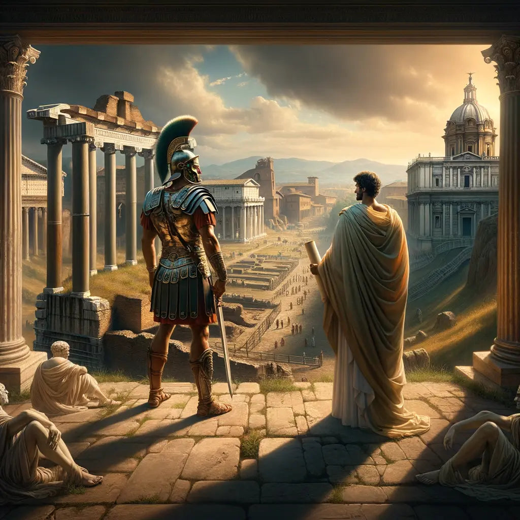 Julius Caesar in armor and Marcus Aurelius with a scroll in the Roman Forum, representing warrior and philosopher traits.