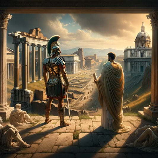 Julius Caesar in armor and Marcus Aurelius with a scroll in the Roman Forum, representing warrior and philosopher traits.