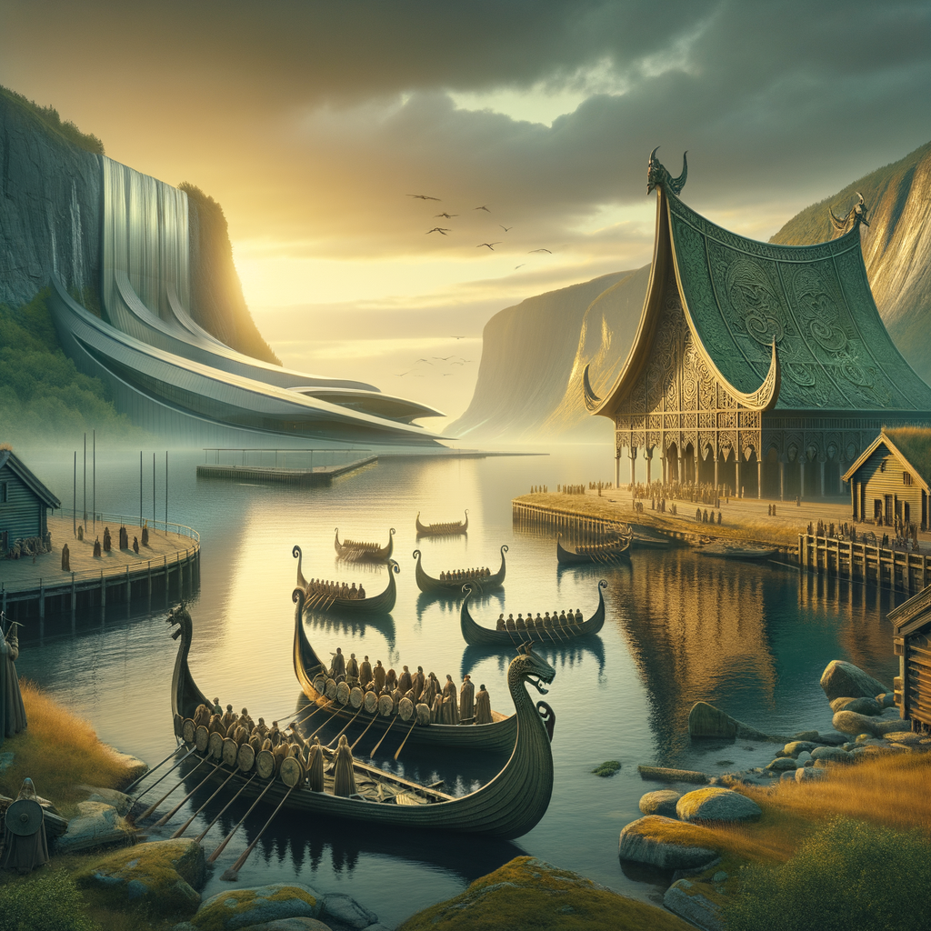 Scene of Norway with Viking longships, a traditional festival, and modern architecture, blending Norse mythology and contemporary design.