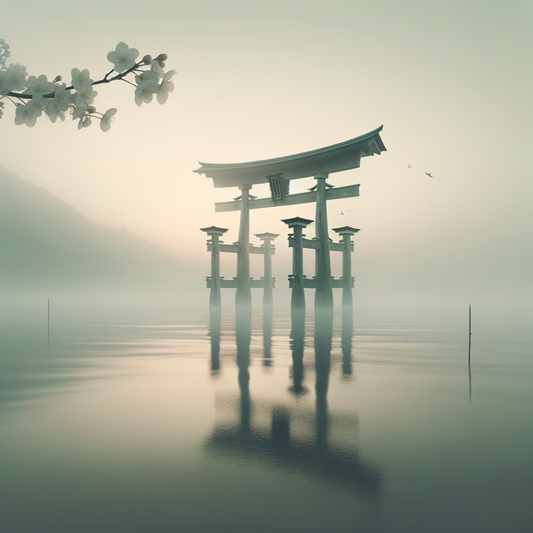Ein einsames Torii-Tor im Morgendunst an einer ruhigen Küste, japanische Minimalmalerei, mit Kirschblütenblättern im Wind.