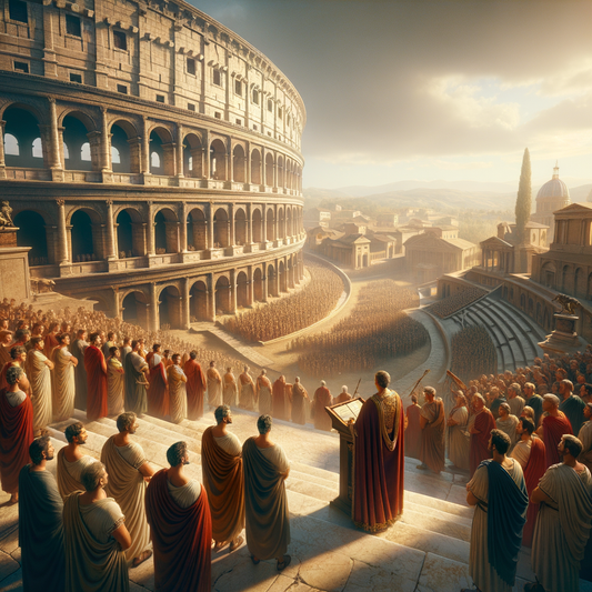 Exterior view of the Roman Colosseum with iconic arches, surrounded by historic Roman streets, inspired by 1960s historical epic films.