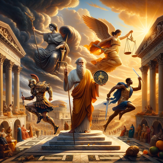 Illustration of the four Stoic virtues in a Roman cinematic style: Wisdom with a compass, Courage in a storm, Justice as a knight, and Temperance as a tightrope walker.