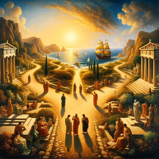 An ancient Greek crossroads illustrating the choice between Stoicism and Epicureanism, featuring a sturdy ship and a peaceful garden, inspired by 1960s historical film aesthetics.