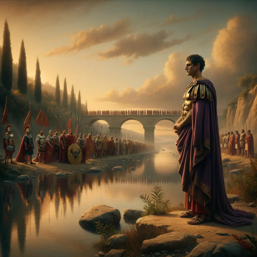 Julius Caesar contemplating his decision by the Rubicon River with Roman legions in the background, evoking a 1960s historical film style.