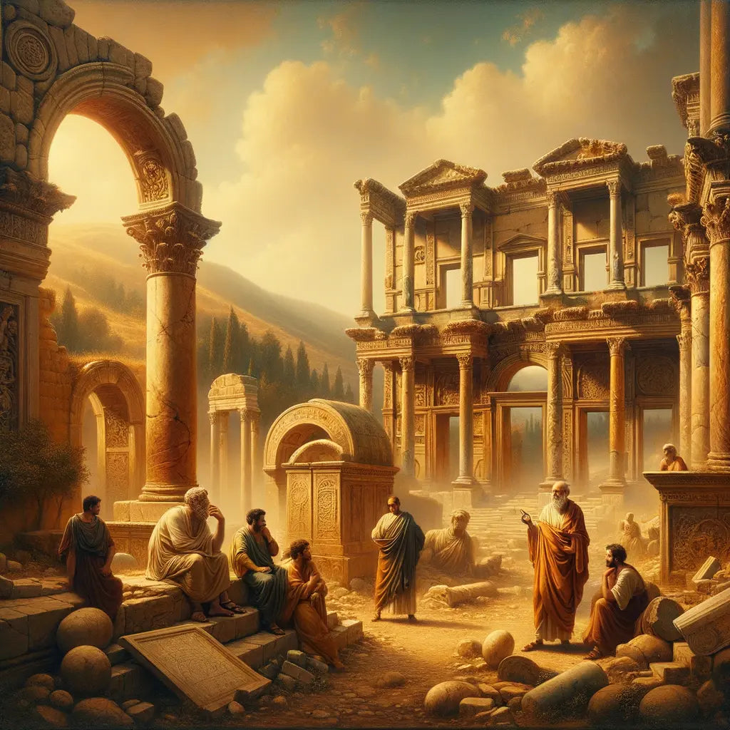 Ruins of a Roman city with overgrown columns and crumbling arches, bathed in golden sunlight, capturing a sense of history and decay in a scene inspired by 1960s historical epic films.
