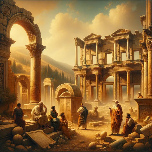 Ruins of a Roman city with overgrown columns and crumbling arches, bathed in golden sunlight, capturing a sense of history and decay in a scene inspired by 1960s historical epic films.