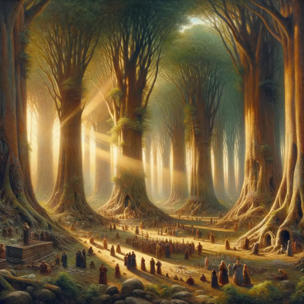Cinematic painting of a mystical Celtic grove, bathed in golden sunlight, with tree-filtered beams illuminating ritualistic activities, in the style of 1960s historical epics.