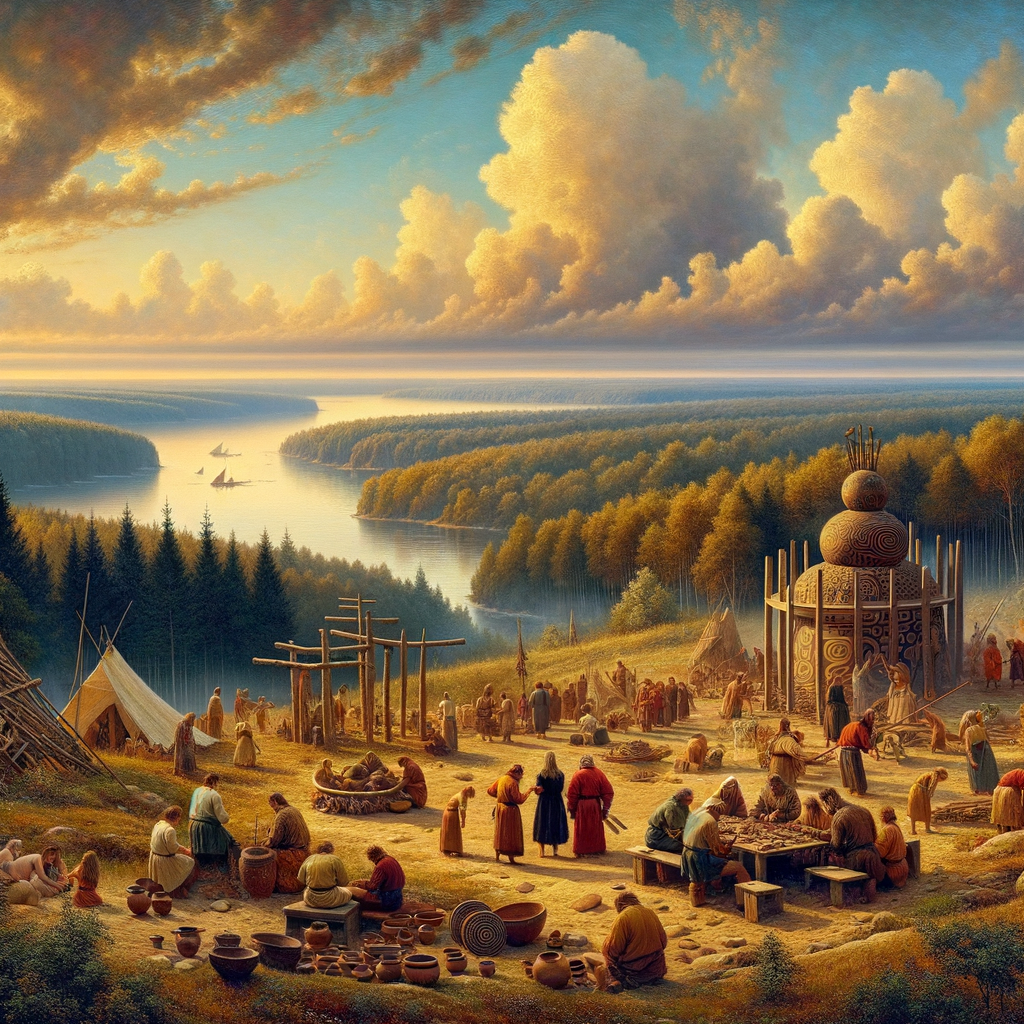 Panoramic view of the southeastern Baltic coast, depicting ancient Baltic and Slavic cultural influences with artifacts and scripts, in a 1960s epic film style.
