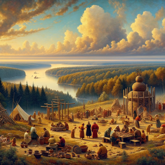Panoramic view of the southeastern Baltic coast, depicting ancient Baltic and Slavic cultural influences with artifacts and scripts, in a 1960s epic film style.