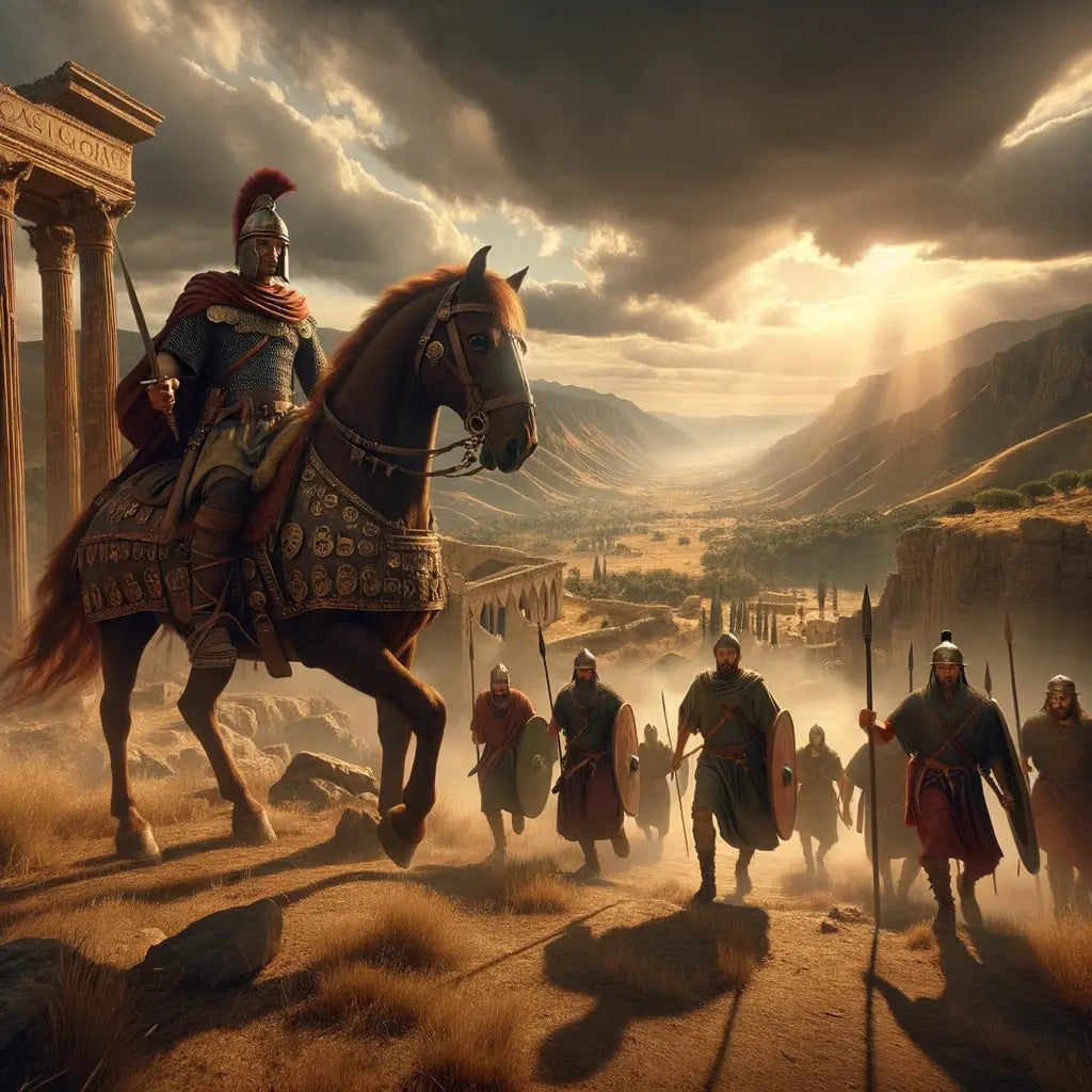 Visigothic warriors on horseback in a dramatic European landscape with Roman ruins, inspired by 1960s historical epic films.