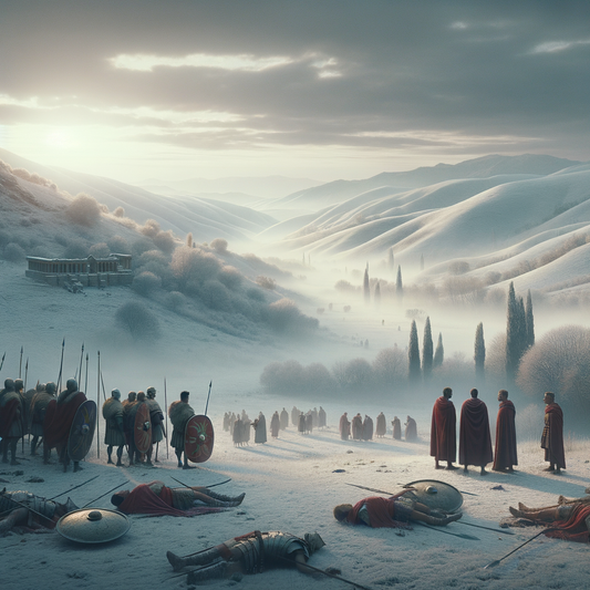 Roman soldiers standing at ease in a snow-covered landscape under a softly glowing sky, inspired by classic historical films.