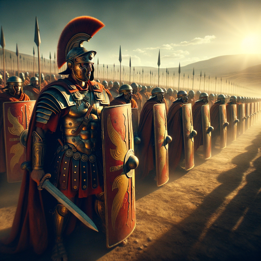 A Roman Legionary in a testudo formation on a sunlit battlefield, showcasing Rome's might in a cinematic style reminiscent of 1960s historical films.