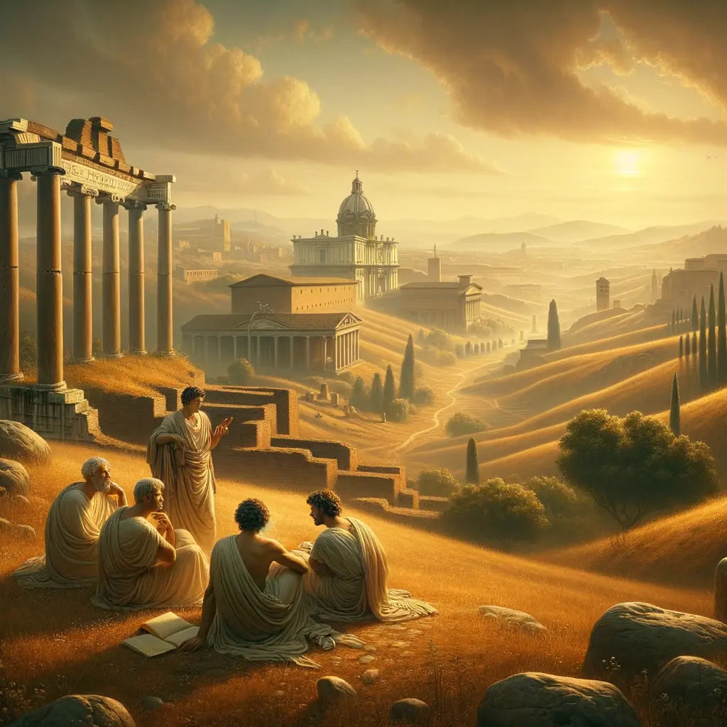 Ancient Roman philosophers in togas, standing in contemplation before a Roman landscape, symbolizing Stoic wisdom through time, painted in 1960s historical film style.