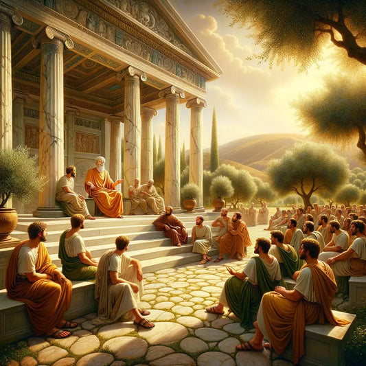 An ancient philosopher teaching Stoicism in a serene Greek garden, surrounded by students, inspired by 1960s historical epic films.