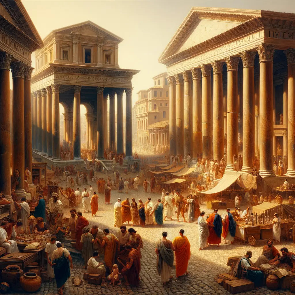 Ancient Roman citizens in togas and stolas engaging in societal activities within a grand Roman forum, painted in the style of 1960s historical epics.