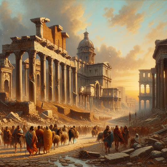 Depiction of Roman Empire's decline with crumbling architecture and invading barbarian tribes in 1960s epic film style.