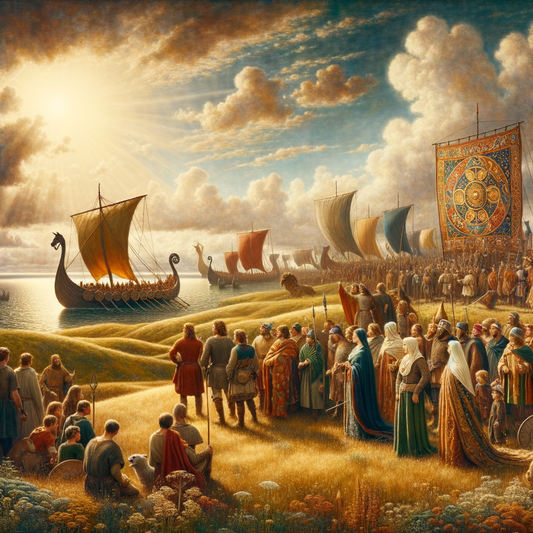 Cinematic depiction of Germanic and Celtic influences on English ancestry with Anglo-Saxon artifacts and Viking ships, in ancient tapestry style.