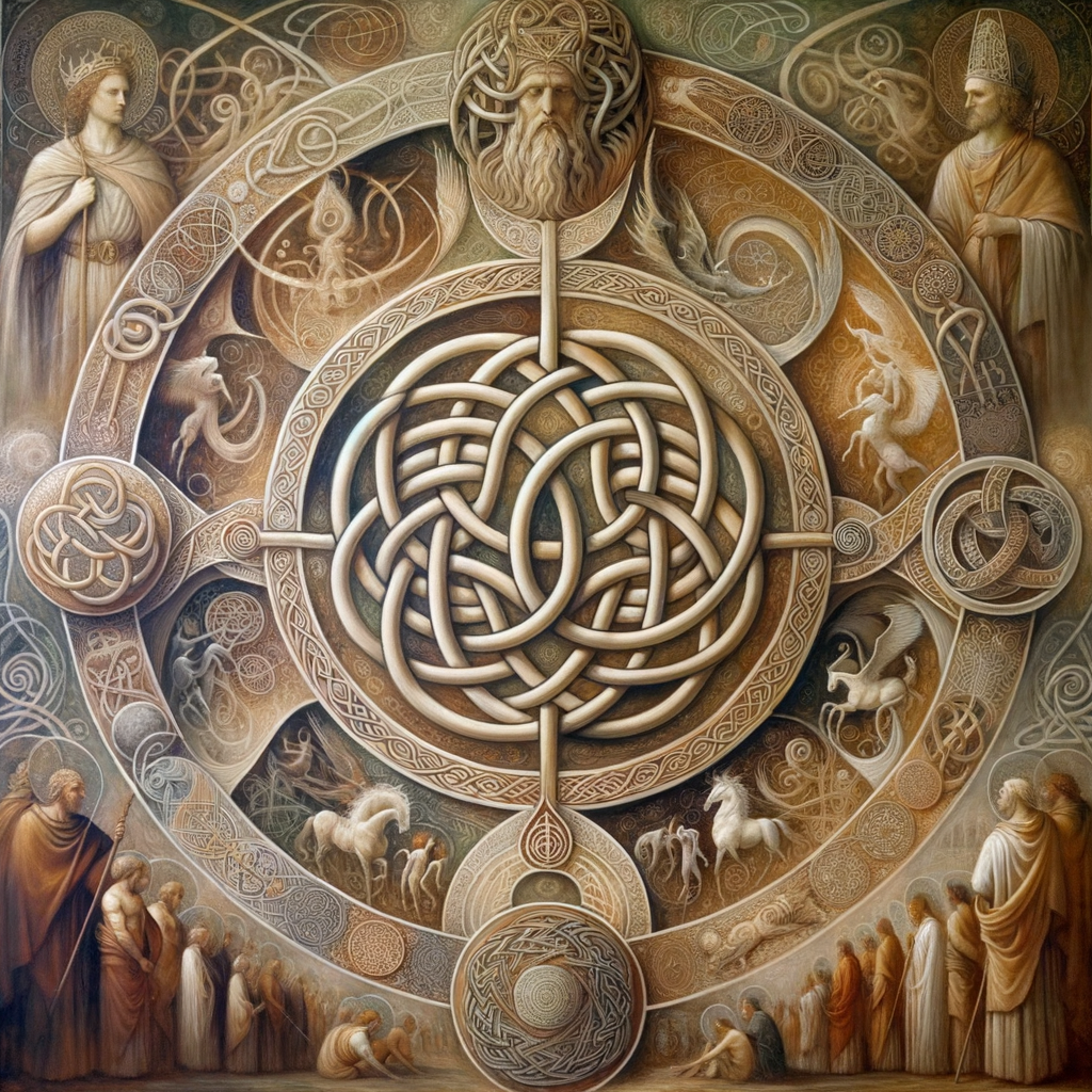 Intricate Celtic knot symbolizing Brigid's influence, set against ancient Celtic art backdrop.