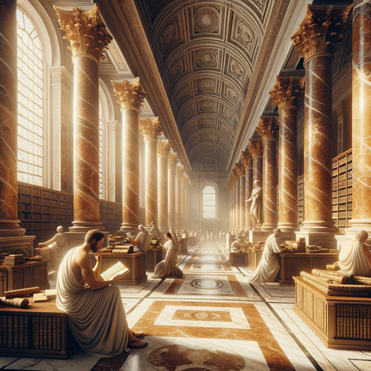 An ancient Roman library with scrolls and philosophical figures, bathed in warm sunlight, resembling a scene from a 1960s historical epic film.