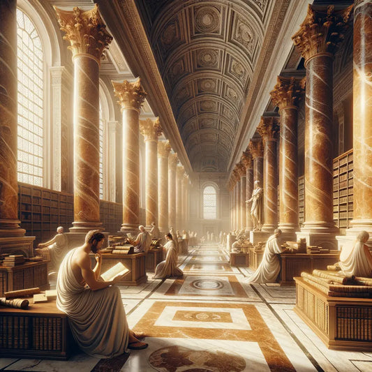 An ancient Roman library with scrolls and philosophical figures, bathed in warm sunlight, resembling a scene from a 1960s historical epic film.