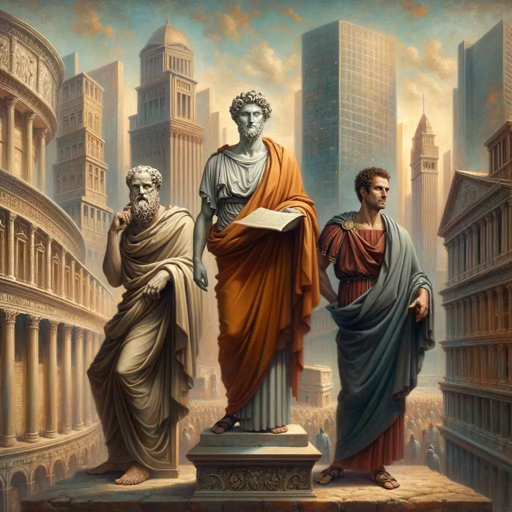 Ancient Roman philosophers Seneca, Epictetus, and Marcus Aurelius depicted in a modern cityscape, highlighting the enduring relevance of their wisdom.
