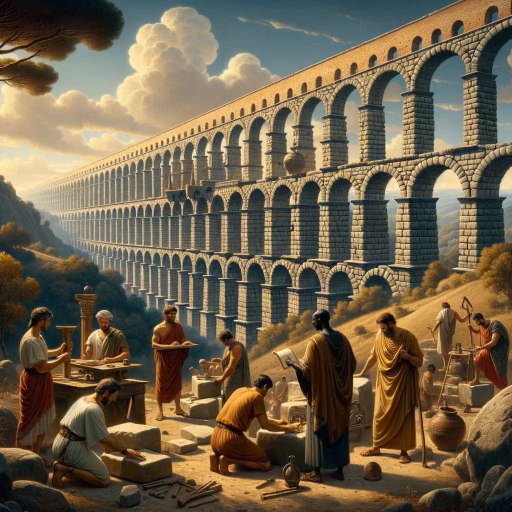 Ancient Roman aqueducts majestically span a scenic landscape, with engineers and workers illustrating their architectural grandeur, inspired by 1960s historical epics.