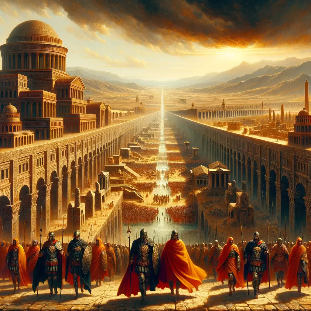 A panoramic view of the Roman Empire at its peak, depicting thriving cities and powerful military forces, with dark clouds hinting at impending decline, styled like a classic 1960s historical film.
