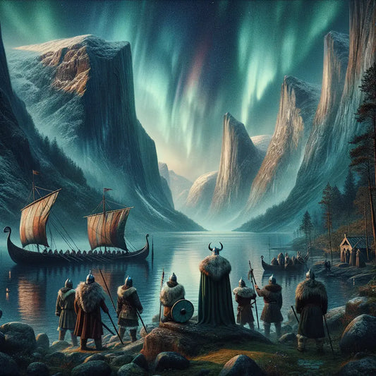 Vikings beneath northern lights with longships in a cinematic Nordic fjord landscape.