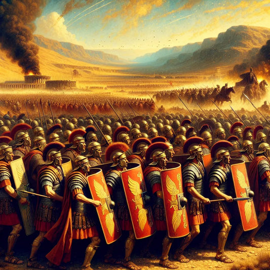 Roman soldiers in testudo formation on an ancient battlefield, led by an officer in front of a dramatic landscape, inspired by the style of classic historical films of the 1960s.
