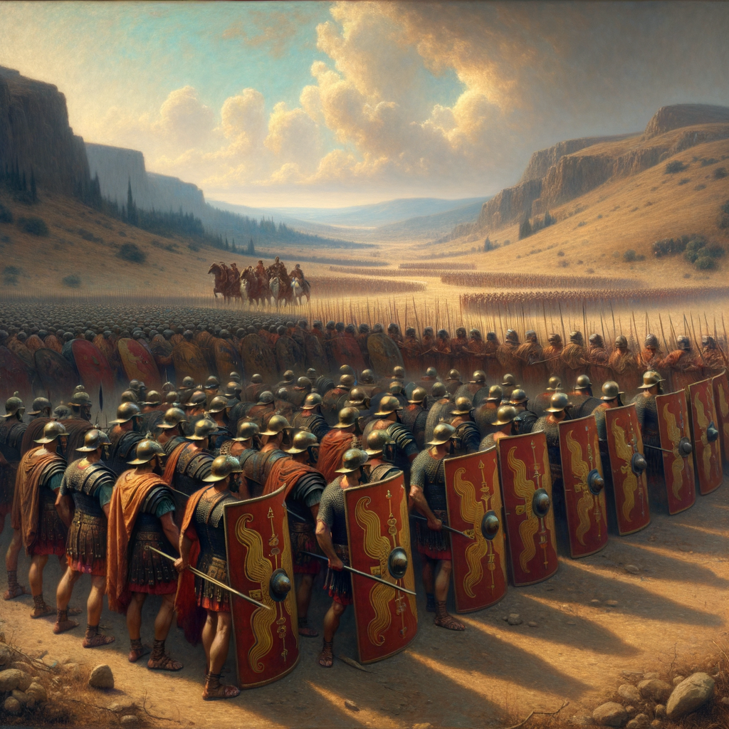 Roman soldiers in testudo formation on an ancient battlefield, led by an officer in front of a dramatic landscape, inspired by the style of classic historical films of the 1960s.