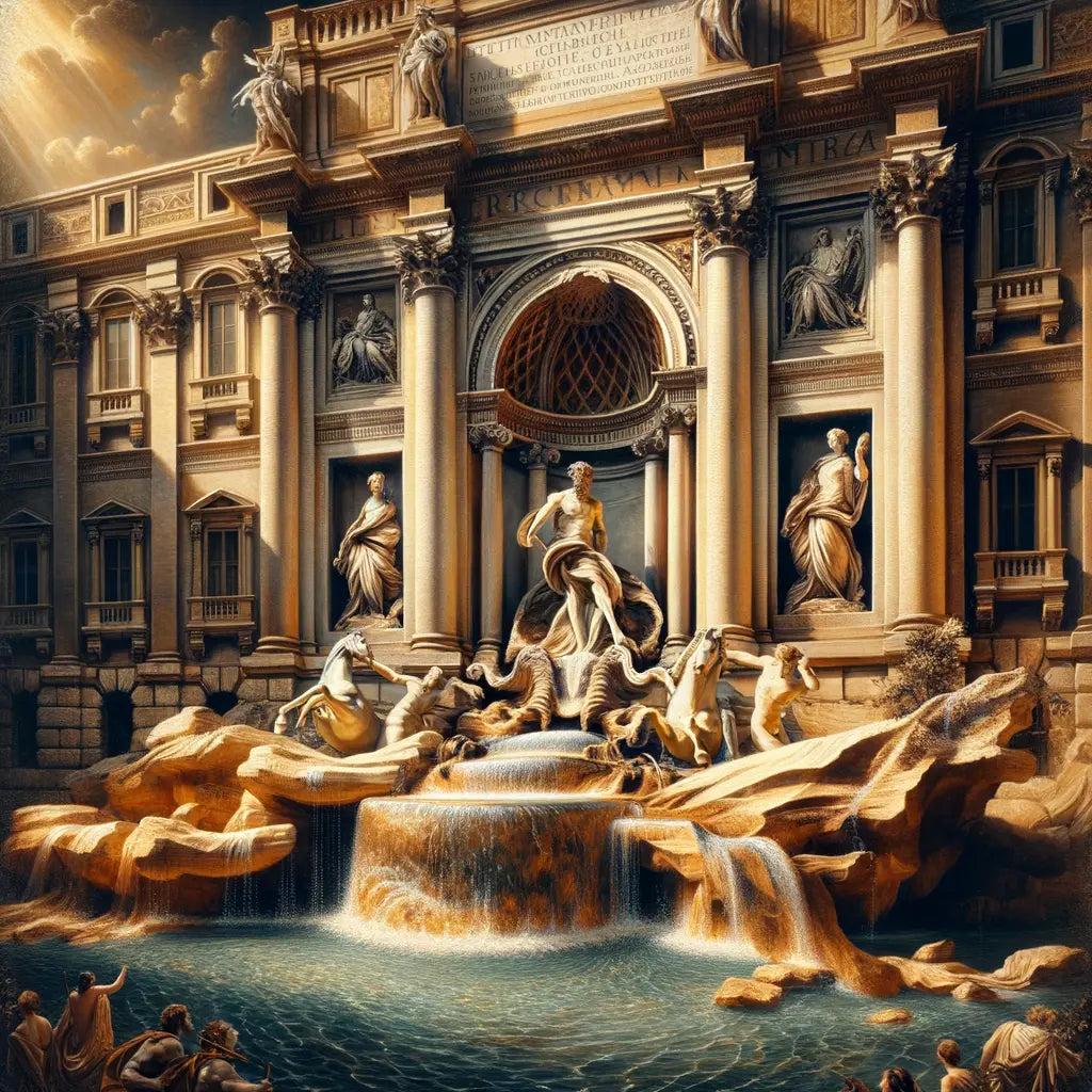 Cinematic painting of the Trevi Fountain with intricate sculptures and flowing water, set against historic Roman architecture in a 1960s epic film style.