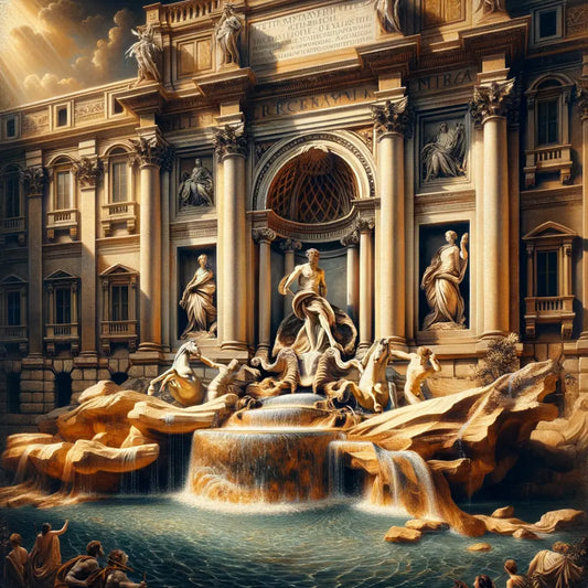 Cinematic painting of the Trevi Fountain with intricate sculptures and flowing water, set against historic Roman architecture in a 1960s epic film style.