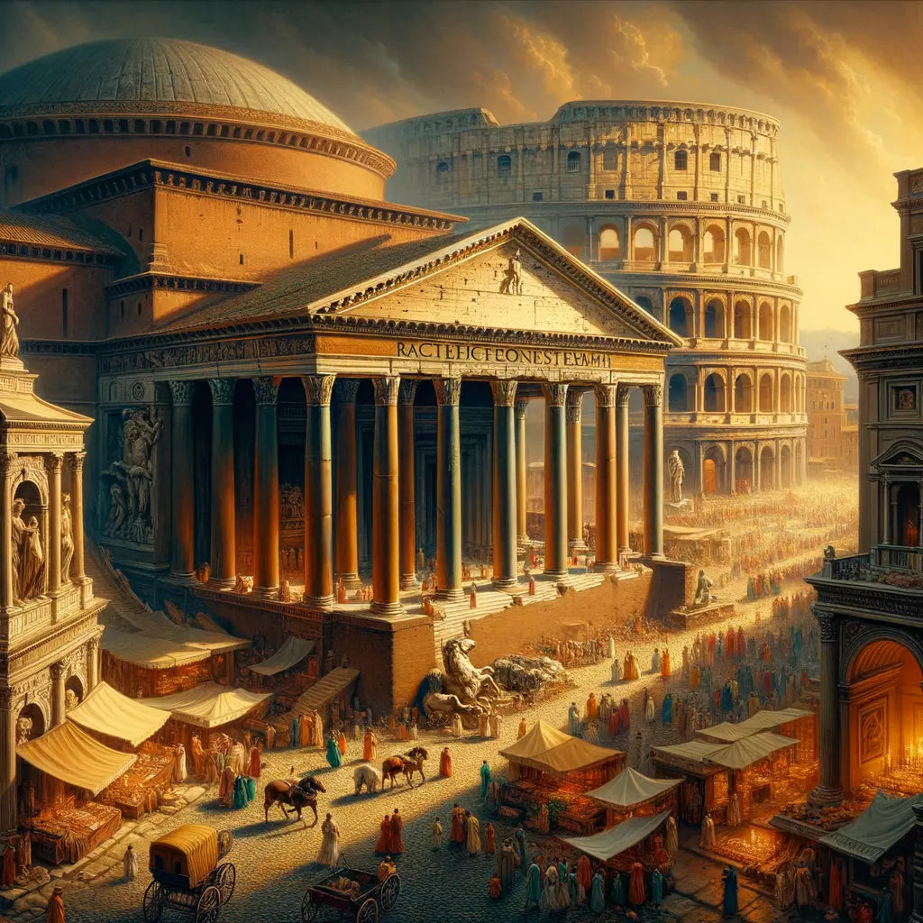 A cinematic depiction of Roman architecture featuring the Pantheon and Colosseum amidst a lively ancient cityscape, inspired by 1960s historical epics.