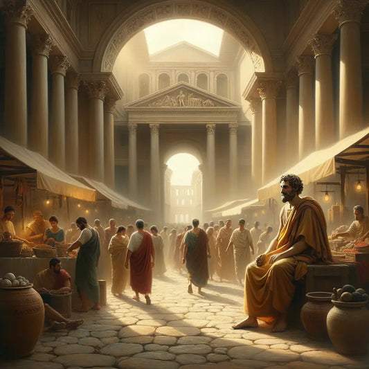 Serene ancient Roman marketplace scene with a stoic philosopher standing calmly amidst busy traders, in a style reminiscent of 1960s historical epic films.
