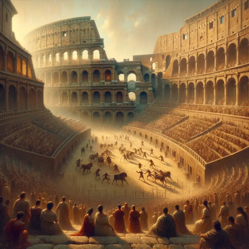 The ancient Roman Colosseum during a gladiatorial event, filled with figures and spectators, styled like a 1960s historical epic film.