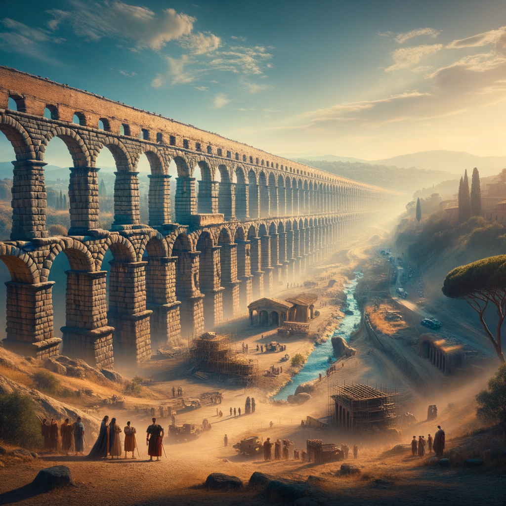 Ancient Roman aqueduct with arches and slopes under a blue sky, capturing engineering brilliance in a 1960s epic film style.