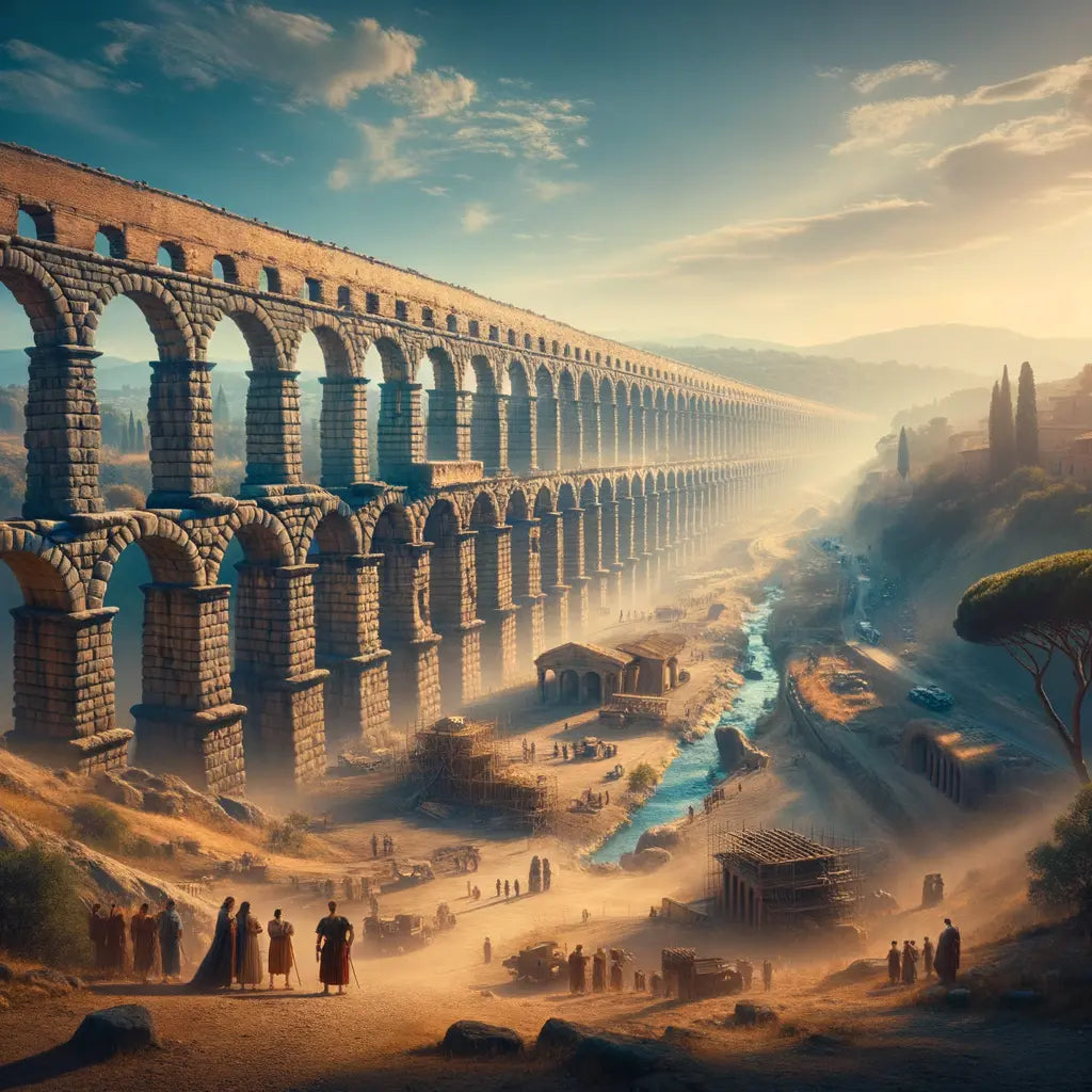 Ancient Roman aqueduct with arches and slopes under a blue sky, capturing engineering brilliance in a 1960s epic film style.
