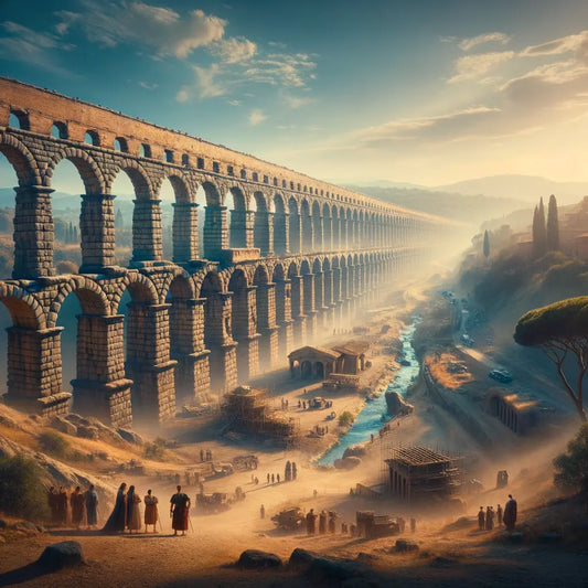 Ancient Roman aqueduct with arches and slopes under a blue sky, capturing engineering brilliance in a 1960s epic film style.