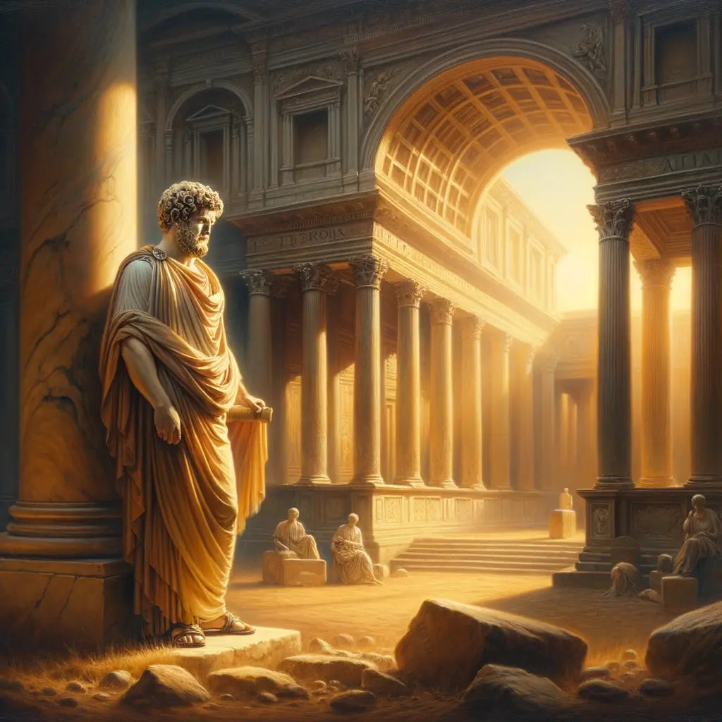 Marcus Aurelius in a serene reflective pose in a Roman forum, surrounded by grand architecture, embodying stoicism and philosophy in a style inspired by 1960s historical films.