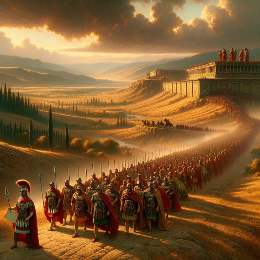 Roman legions in armor, led by an officer through Gaul's strategic landscapes with fortified walls in the background, reflecting classic 1960s historical epic style.