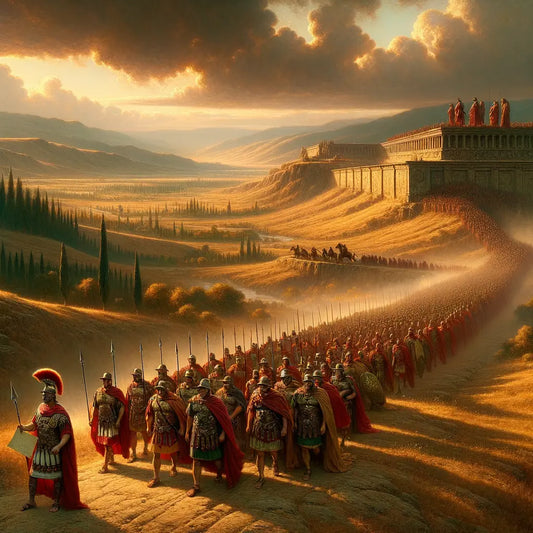 Roman legions in armor, led by an officer through Gaul's strategic landscapes with fortified walls in the background, reflecting classic 1960s historical epic style.