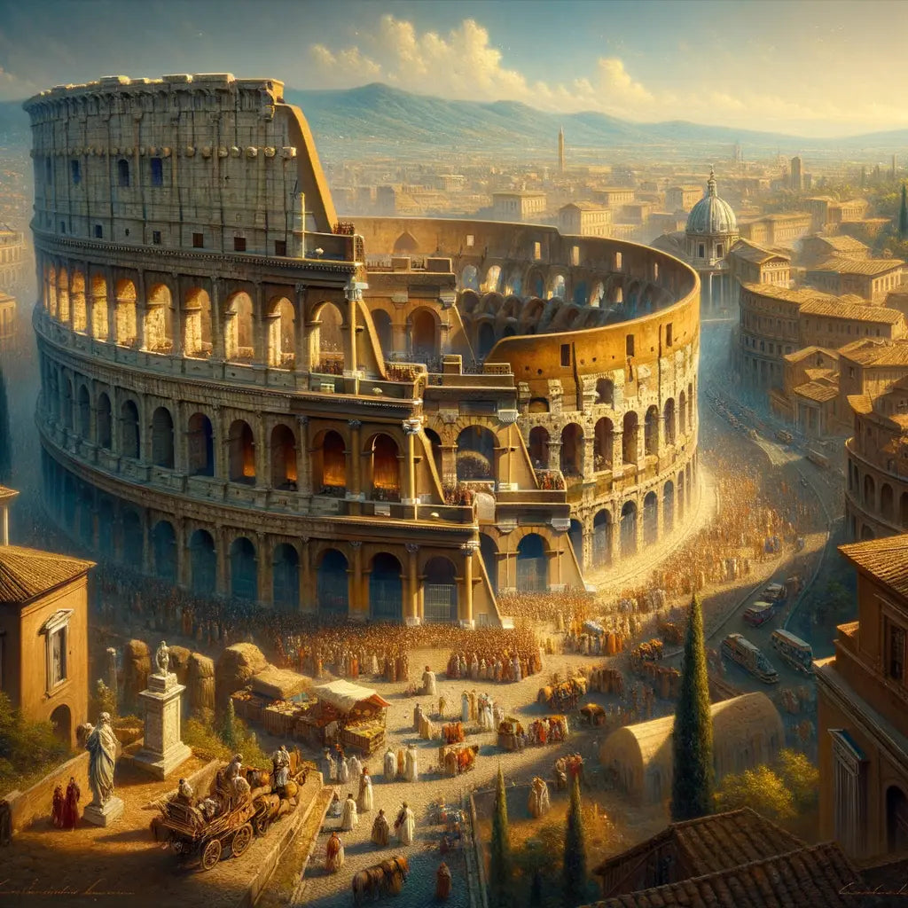 Aerial view of the Colosseum with bustling ancient Rome around it, in a classic 1960s epic style.