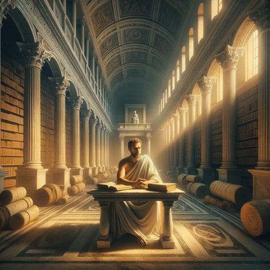 An ancient Greek philosopher in a Roman library, surrounded by scrolls, embodying Stoicism with a thoughtful expression, styled as a classic historical film piece from the 1960s.